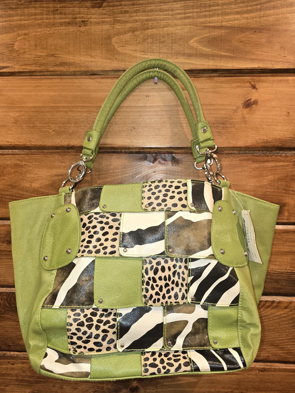 Green Patchwork Animal-Print Tote Handbag